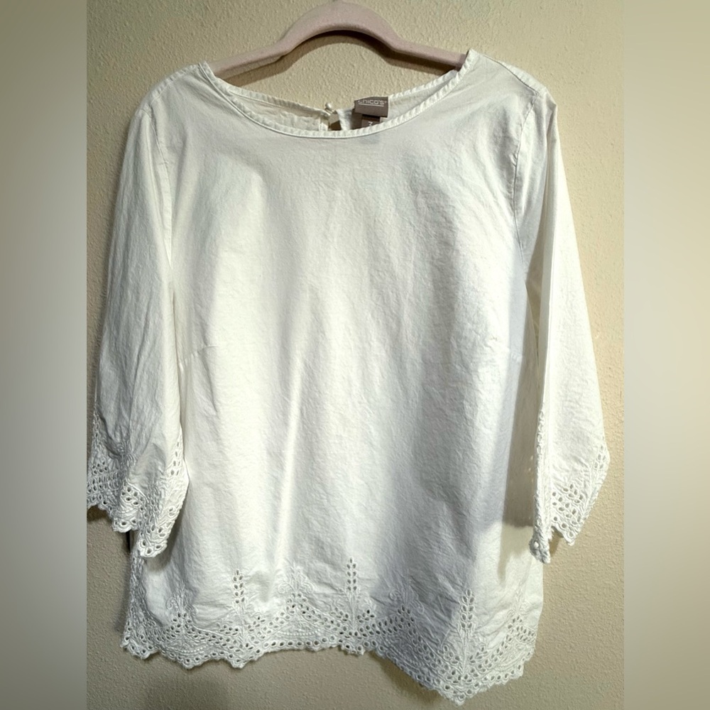 Chico's Pure White Sz 3 (16-18)Cotton Eyelet-Trim Tunic Blouse Casual Coastal